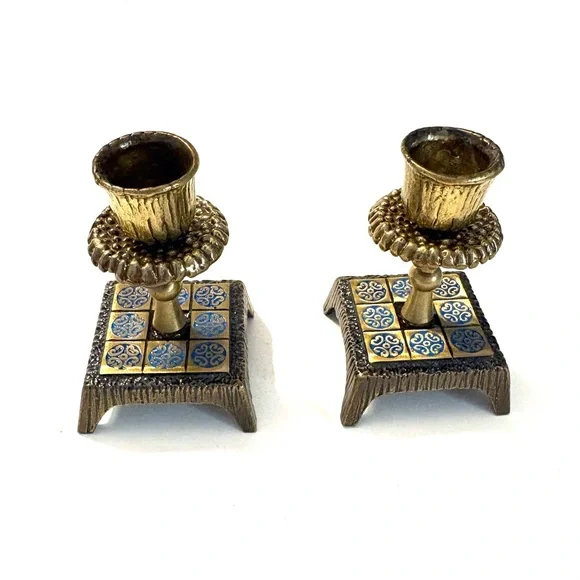 JUDAICA Vintage Candlestick Holders Brass with Blue Enamel - Picture 1 of 4